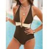 CUPSHE Women’s One Piece Swimsuit Plunging V Neck Stitched Trim Bathing Suit Color Block O Ring Full Bum Coverage(Brown/Cream)