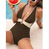 CUPSHE Women’s One Piece Swimsuit Plunging V Neck Stitched Trim Bathing Suit Color Block O Ring Full Bum Coverage(Brown/Cream)