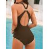 CUPSHE Women’s One Piece Swimsuit Plunging V Neck Stitched Trim Bathing Suit Color Block O Ring Full Bum Coverage(Brown/Cream)
