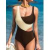 CUPSHE Women’s One Piece Swimsuit Scoop Neck Color Block Bathing Suit Wide Straps Side Cutout(Brown/Beige)