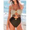 CUPSHE Women’s One Piece Swimsuit Sexy Cutout Color Block Bathing Suit Golden O Ring Linked Swimwear Back Hook(Dark Brown/Khaki)