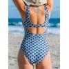 CUPSHE Women’s One Piece Swimsuit Square Neck Bathing Suit Wide Straps Back Hook Cutout Ruched Swimwear(Navy Blue/Geo)
