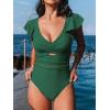 CUPSHE Women’s One Piece Swimsuit Tummy Control Bathing Suit V Neck Ruffled Wrap Ruched Cutout Back Hook (Available in Plus)(Emerald Green)