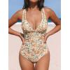 CUPSHE Women’s One Piece Swimsuit Tummy Control Deep V Neck Double Straps Crisscross Back Tie Bathing Suit(Beige/Floral)
