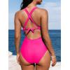 CUPSHE Women’s One Piece Swimsuit Tummy Control Deep V Neck Double Straps Crisscross Back Tie Bathing Suit(Neon Pink)