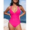 CUPSHE Women’s One Piece Swimsuit Tummy Control Deep V Neck Double Straps Crisscross Back Tie Bathing Suit(Neon Pink)