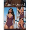 CUPSHE Women’s One Piece Swimsuit Tummy Control Deep V Neck Double Straps Crisscross Back Tie Bathing Suit(Purple Brown)