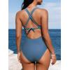 CUPSHE Women’s One Piece Swimsuit Tummy Control Deep V Neck Double Straps Crisscross Back Tie Bathing Suit(Stone Blue)