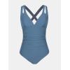 CUPSHE Women’s One Piece Swimsuit Tummy Control Deep V Neck Double Straps Crisscross Back Tie Bathing Suit(Stone Blue)