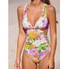 CUPSHE Women’s One Piece Swimsuit Tummy Control Deep V Neck Double Straps Crisscross Back Tie Bathing Suit(White/Pink Floral)