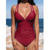 CUPSHE Women’s One Piece Swimsuit Tummy Control Deep V Neck Double Straps Crisscross Back Tie Bathing Suit(Wine Red)