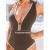 CUPSHE Women’s One Piece Swimsuit Tummy Control V Neck Cutout Bathing Suit Crisscross Back Textured Cheeky Bottom(Coffee Brown)