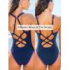 CUPSHE Women’s One Piece Swimsuit Tummy Control V Neck Cutout Bathing Suit Crisscross Back Textured Cheeky Bottom(Navy Blue)
