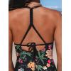 CUPSHE Women’s One Piece Swimsuit V Neck Bathing Suit Cutout Back Self Tie Double Straps(Black/Yellow Floral)
