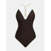 CUPSHE Women’s One Piece Swimsuit V Neck Bathing Suit Cutout Back Self Tie Double Straps(Dark Brown/Beige)