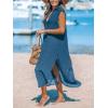 CUPSHE Women’s Swimsuit Coverup Casual Sleeveless Side Split Long Cardigans V Neck Midi Beach Dress(Snorkel Blue)