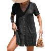 CUPSHE Crochet Swim Cover Up for Women Short Sleeve Button Front Summer Beach Cover Up Dress with Pockets(Black)