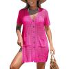 CUPSHE Crochet Swim Cover Up for Women Short Sleeve Button Front Summer Beach Cover Up Dress with Pockets(Rose Pink)