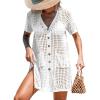 CUPSHE Crochet Swim Cover Up for Women Short Sleeve Button Front Summer Beach Cover Up Dress with Pockets(White)