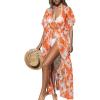 CUPSHE Kimono Swimsuit Coverup for Women Open Front Striped Maxi Cardigan Beach Cover Up(Orange Leaf)
