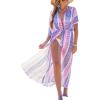 CUPSHE Kimono Swimsuit Coverup for Women Open Front Striped Maxi Cardigan Beach Cover Up(Purple Patternd)