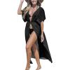 CUPSHE Kimono Swimsuit Coverup for Women Open Front Striped Maxi Cardigan Beach Cover Up(Solid Black)