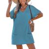 CUPSHE Swimsuit Coverup for Women Waffle Knit V Neck Short Sleeve Beach Coverup Dress with Pockets(Blue)