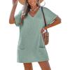 CUPSHE Swimsuit Coverup for Women Waffle Knit V Neck Short Sleeve Beach Coverup Dress with Pockets(Green)