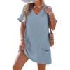 CUPSHE Swimsuit Coverup for Women Waffle Knit V Neck Short Sleeve Beach Coverup Dress with Pockets(Light Blue)