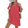 CUPSHE Swimsuit Coverup for Women Waffle Knit V Neck Short Sleeve Beach Coverup Dress with Pockets(Light Red)