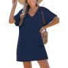 CUPSHE Swimsuit Coverup for Women Waffle Knit V Neck Short Sleeve Beach Coverup Dress with Pockets(Navy Blue)