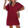 CUPSHE Swimsuit Coverup for Women Waffle Knit V Neck Short Sleeve Beach Coverup Dress with Pockets(Red)