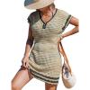 CUPSHE Women Crochet Swim Cover Up Short Sleeve V Neck Bathing Suit Beach Dress Summer Swimwear Coverups(Khaki and Black)