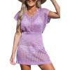 CUPSHE Women Crochet Swim Cover Up Short Sleeve V Neck Bathing Suit Beach Dress Summer Swimwear Coverups(Purple)