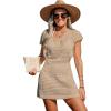 CUPSHE Women Crochet Swim Cover Up Short Sleeve V Neck Bathing Suit Beach Dress Summer Swimwear Coverups(Sand)