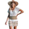 CUPSHE Women Crochet Swim Cover Up Short Sleeve V Neck Bathing Suit Beach Dress Summer Swimwear Coverups(Striped Brown)