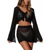 CUPSHE Women Crochet Swimsuit Cover Up Set Long Sleeve 2 Piece Summer Bathing Suit Beach Outfit(Black)