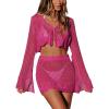 CUPSHE Women Crochet Swimsuit Cover Up Set Long Sleeve 2 Piece Summer Bathing Suit Beach Outfit(Hot Pink)