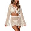 CUPSHE Women Crochet Swimsuit Cover Up Set Long Sleeve 2 Piece Summer Bathing Suit Beach Outfit(Khaki)