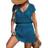 CUPSHE Women Crochet Swimsuit Cover Ups Hollow Out Short Sleeve Beach Coverup Dress(B-deep Teal)