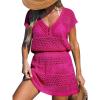 CUPSHE Women Crochet Swimsuit Cover Ups Hollow Out Short Sleeve Beach Coverup Dress(B-hot Pink)