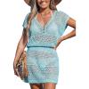 CUPSHE Women Crochet Swimsuit Cover Ups Hollow Out Short Sleeve Beach Coverup Dress(Blue)