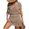 CUPSHE Women Crochet Swimsuit Cover Ups Hollow Out Short Sleeve Beach Coverup Dress(B-sand)