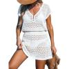 CUPSHE Women Crochet Swimsuit Cover Ups Hollow Out Short Sleeve Beach Coverup Dress(B-white)