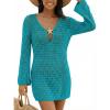 CUPSHE Women Crochet Swimsuit Cover Ups Long Sleeve Summer Beach Coverup Dress for Swimwear(Peacock Blue)