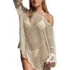 CUPSHE Women Crochet Swimsuit Cover Ups One Shoulder Long Sleeve Beach Coverup Tops(Apricot)