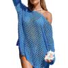 CUPSHE Women Crochet Swimsuit Cover Ups One Shoulder Long Sleeve Beach Coverup Tops(Blue)