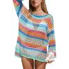 CUPSHE Women Crochet Swimsuit Cover Ups One Shoulder Long Sleeve Beach Coverup Tops(Cyan Striped)