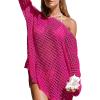 CUPSHE Women Crochet Swimsuit Cover Ups One Shoulder Long Sleeve Beach Coverup Tops(Hot Pink)