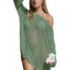 CUPSHE Women Crochet Swimsuit Cover Ups One Shoulder Long Sleeve Beach Coverup Tops(Light Green)